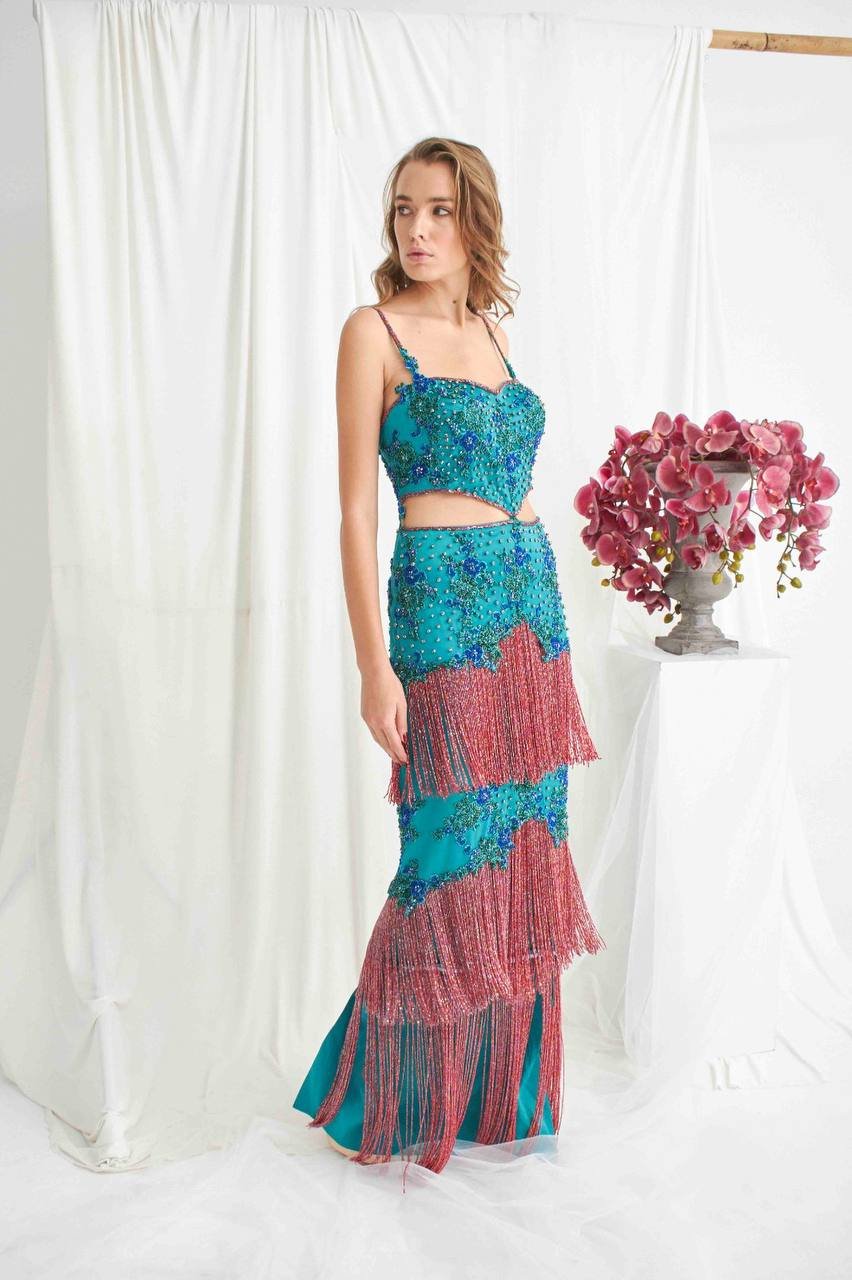 El İşi Boncuk İşlemeli Saçaklı Elbise Kiralık