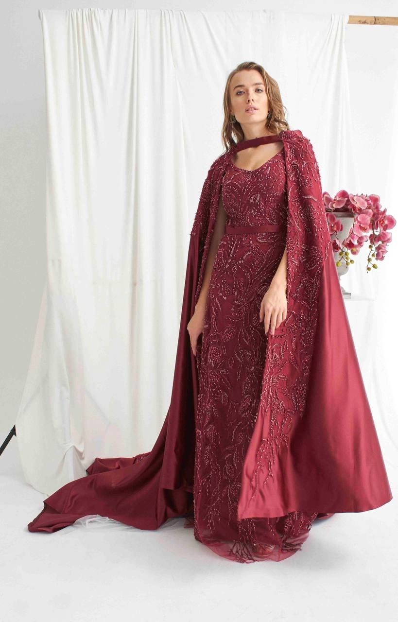 Bordo Kasnak İşlemeli Elbise Kiralık