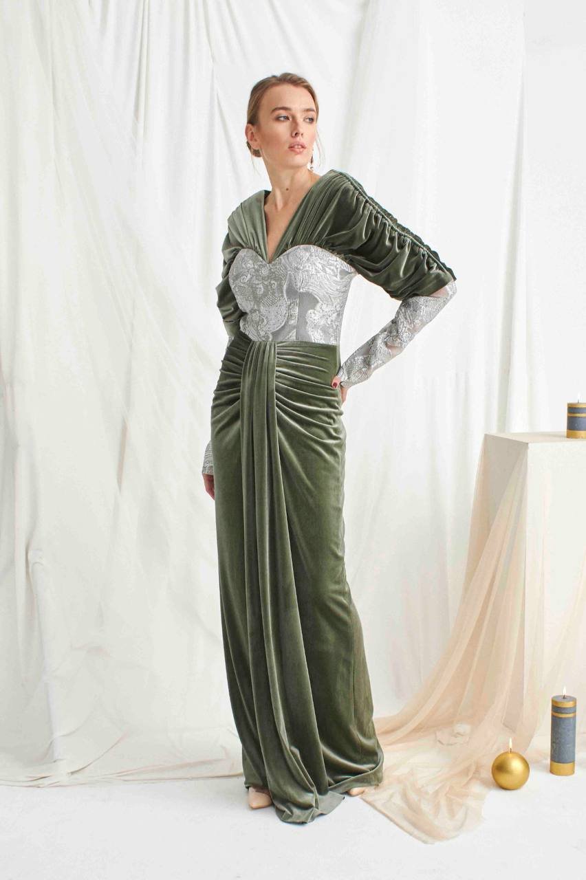 Kadife Brokar Büzgü Elbise