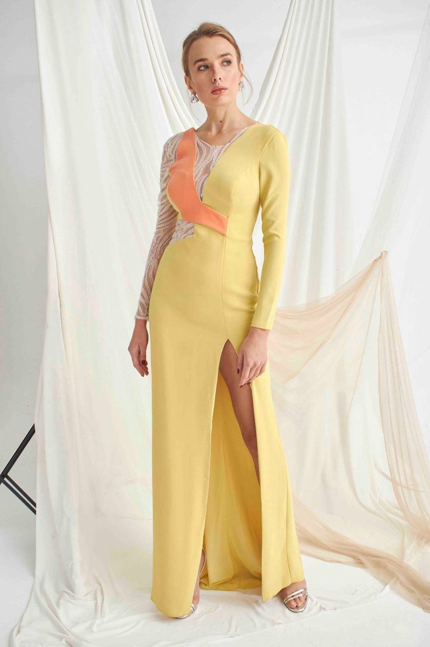 Çift Renkli Sarı Turuncu İşlemeli Elbise Kiralık