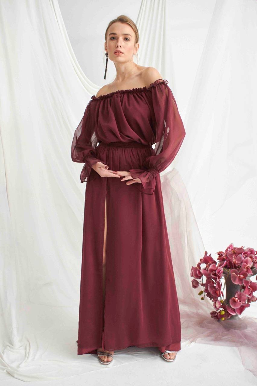 Bordo Şifon Balon Kollu Belden Lastikli Elbise Kiralık