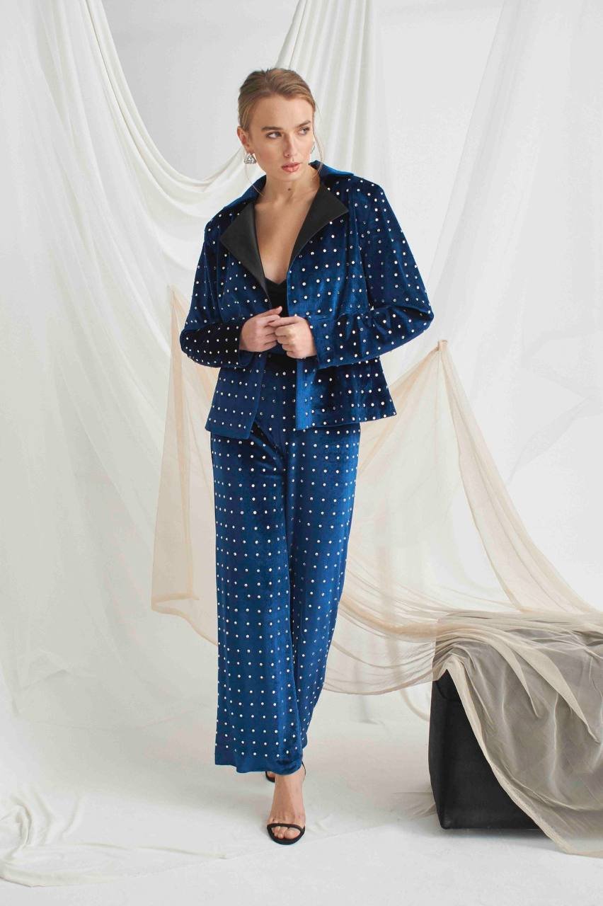 Lacivert Taşlı Kadife Pantolon