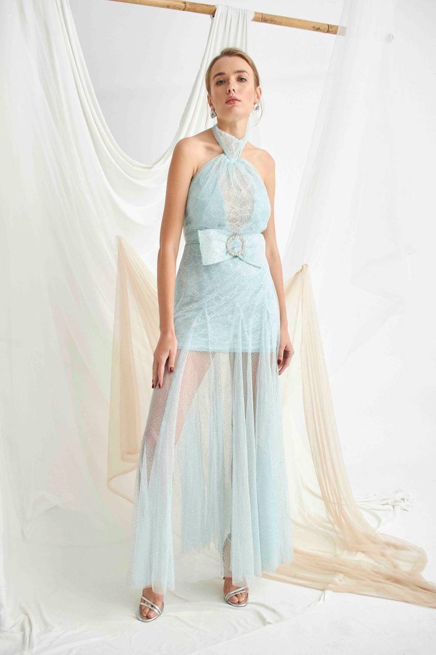 Su Yeşili Simli Tül Elbise Kiralık