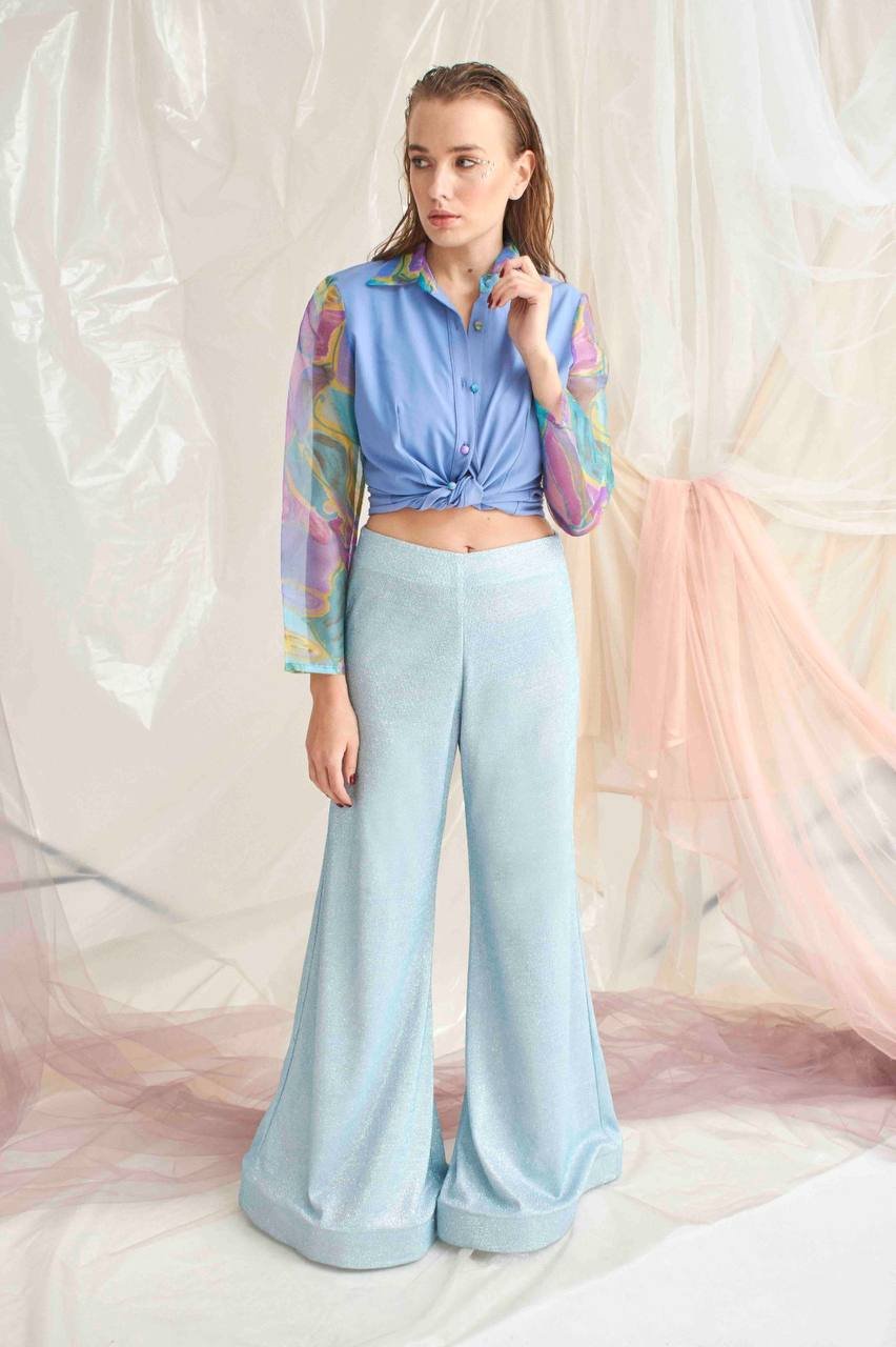 Bebe Mavisi Poplin Kolları Organze Gömlek