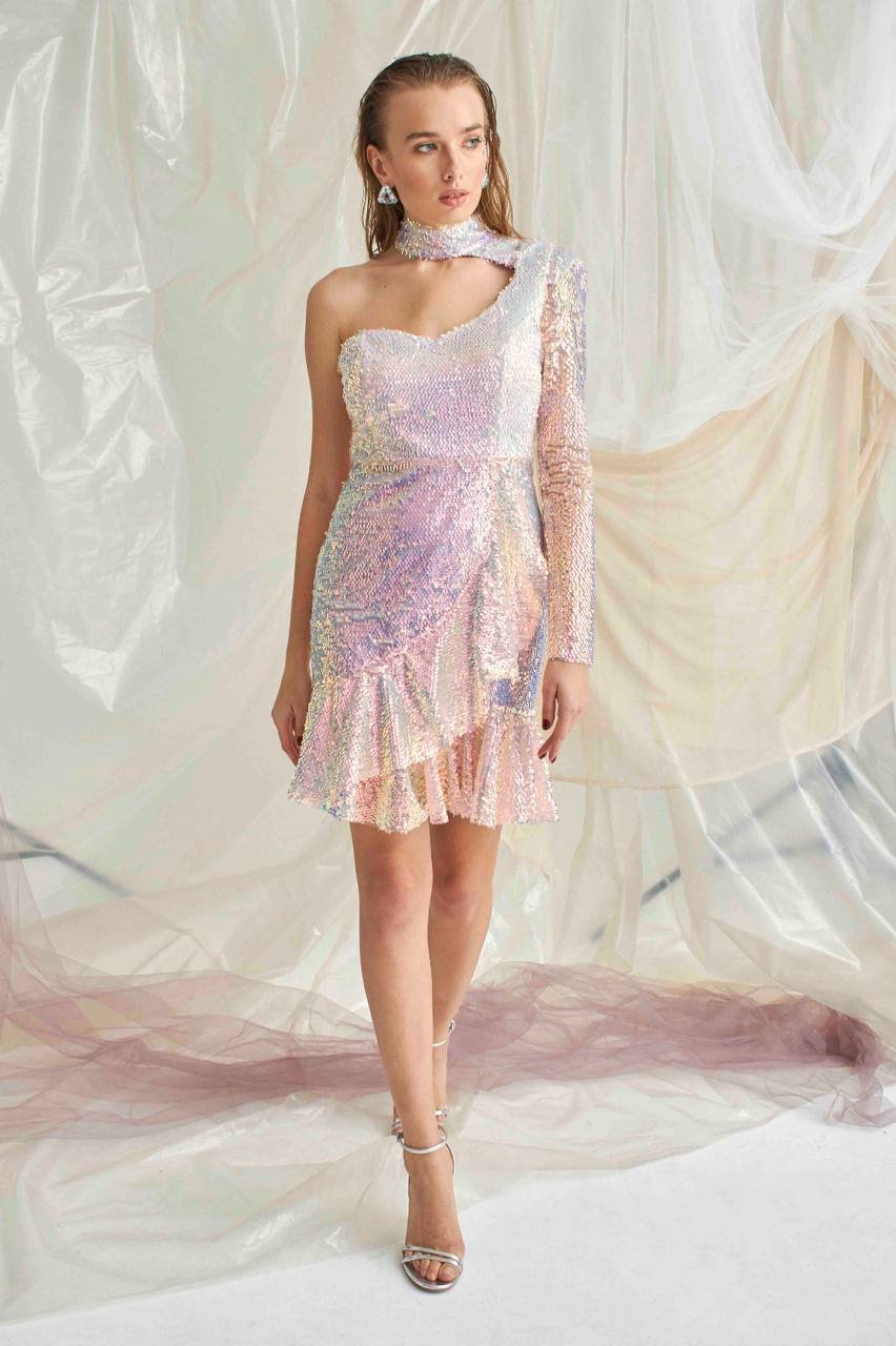 Tek Kol Payet'li Eteği Volan'lı Mini Elbise Kiralık