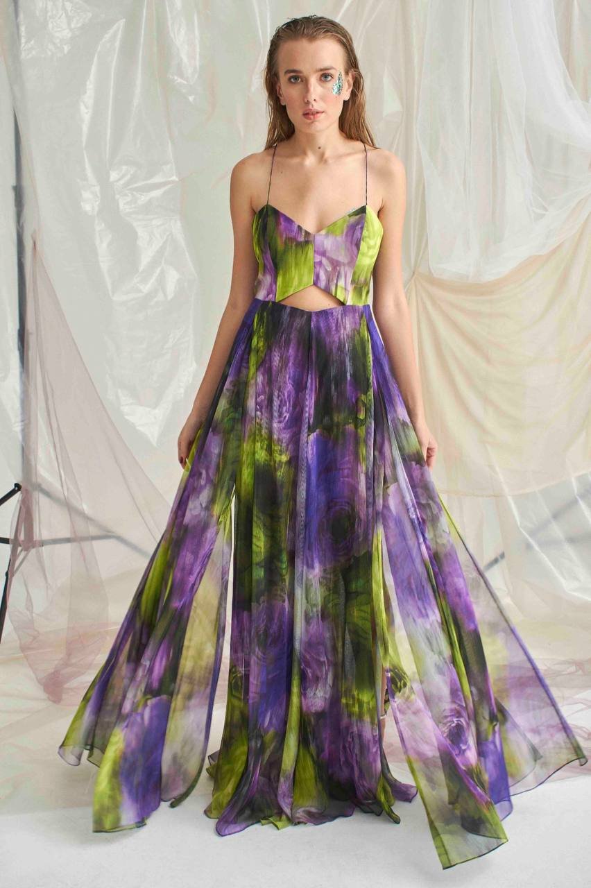 Dijital Baskılı Sırt Dekolteli Şifon Elbise Kiralık